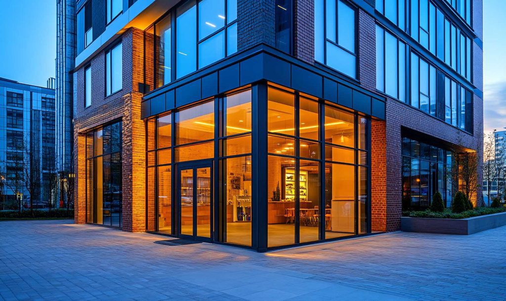 Modern building with glass facade and storefront illuminated at dusk